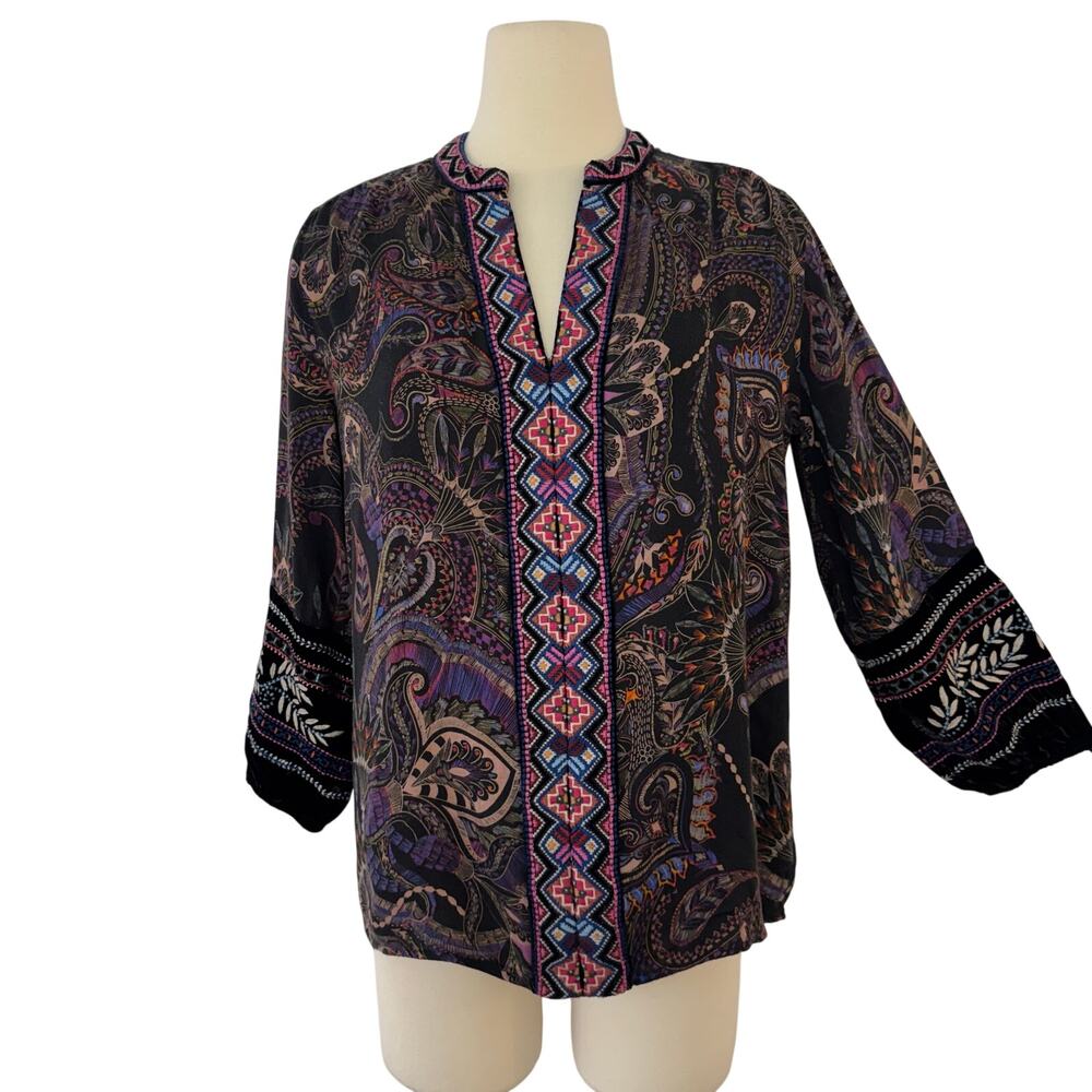Johnny Was Workshop Embroidered Velvet Trim Top Blouse Multi Paisley S